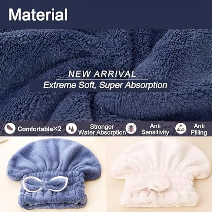 Microfiber Hair Drying Caps, 2 Pack, Super Soft and Absorbent, Quick Drying, Hair Wrap, Shower Cap for Girls and Women (Multicolor) - Image 2
